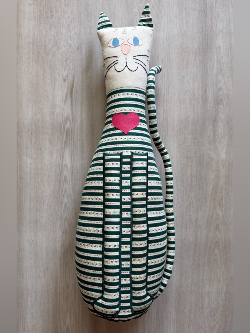 Antique Vintage Floral Heart Cat Doorstop Handmade Patchwork Country Farm
